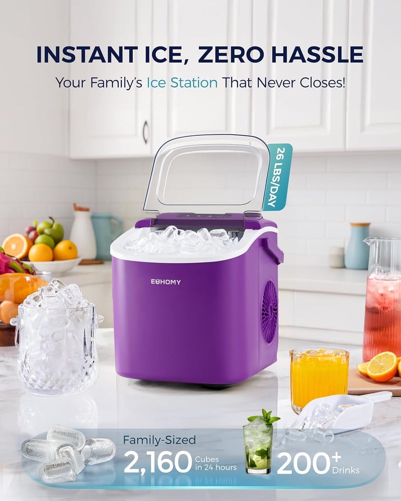 EUHOMY Countertop Ice Maker Machine with Handle, 26lbs Per Day, 9 Ice Cubes Ready in 6 Mins, Auto-Cleaning Portable Ice Maker with Basket and Scoop, for Home/Kitchen/Camping/RV (Purple) - Image 2
